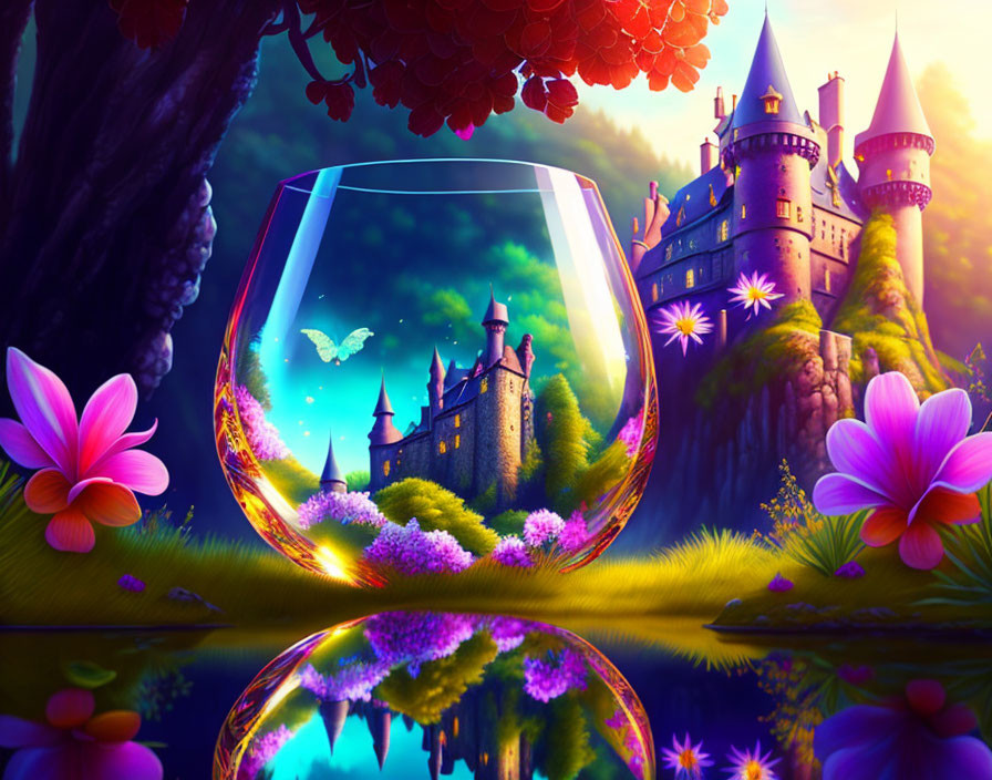 Fantasy landscape with castle, glass reflection, lush flora, and butterfly