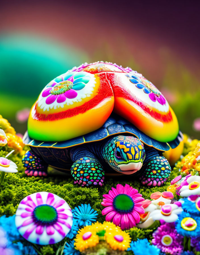 Colorful Patterned Turtle Surrounded by Vibrant Flowers