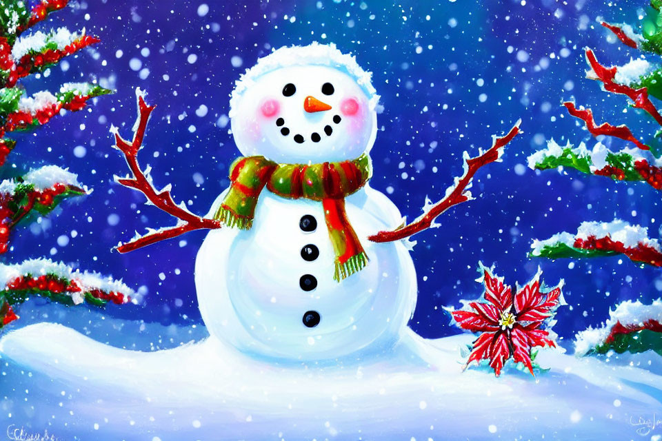 Snowman with scarf and poinsettia in snowy forest scene