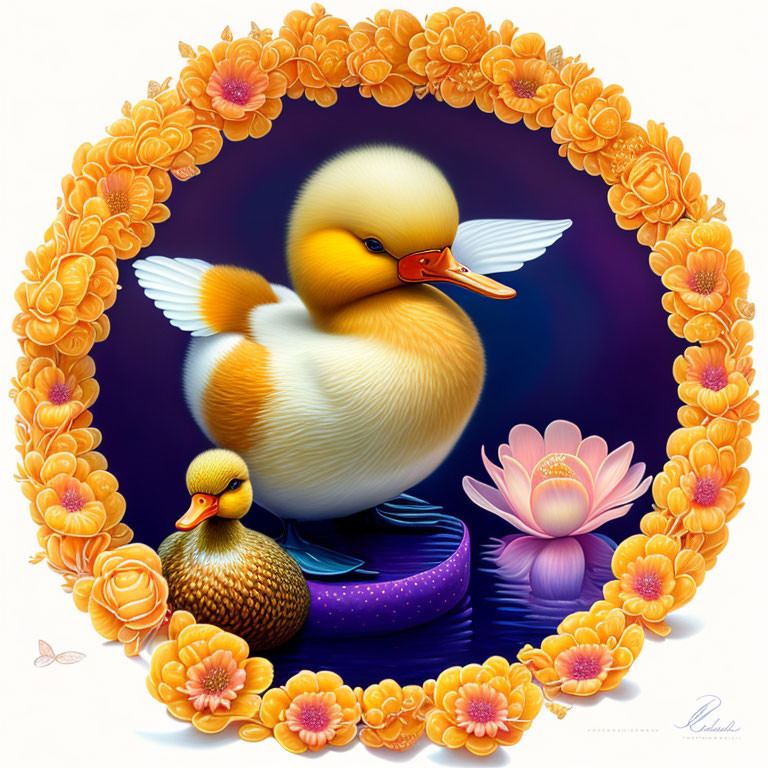 Colorful Duck Illustration with Flowers and Lotus