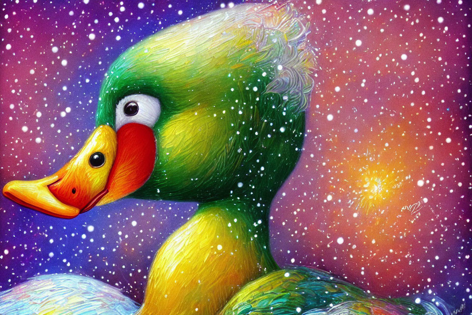 Whimsical duck illustration with vibrant green feathers on purple starry backdrop