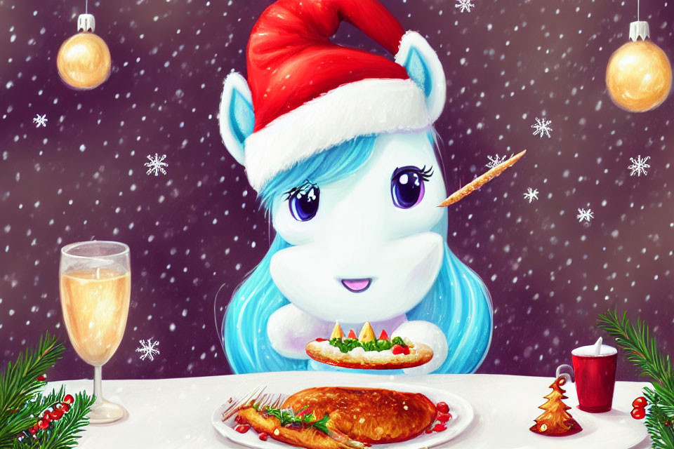 Blue Unicorn with Santa Hat at Festive Table with Roasted Turkey and Christmas Decorations