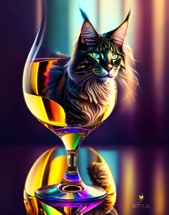 Colorful Cat Illustration with Blue Eyes in Glass Cup and Reflection