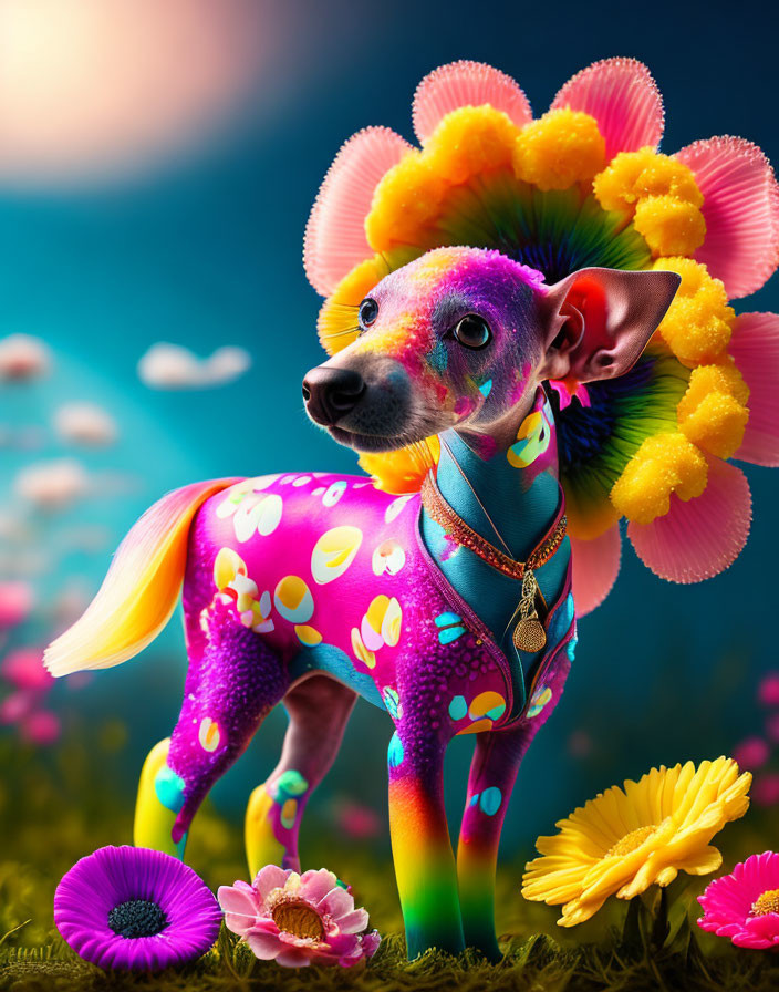 Colorful whimsical dog illustration with rainbow coat and flowers in meadow