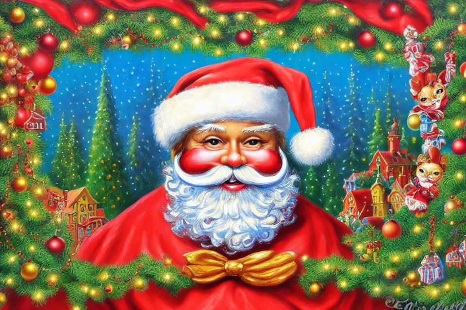 Santa Claus in Red Costume with White Beard Surrounded by Christmas Decorations, Snowy Backdrop,