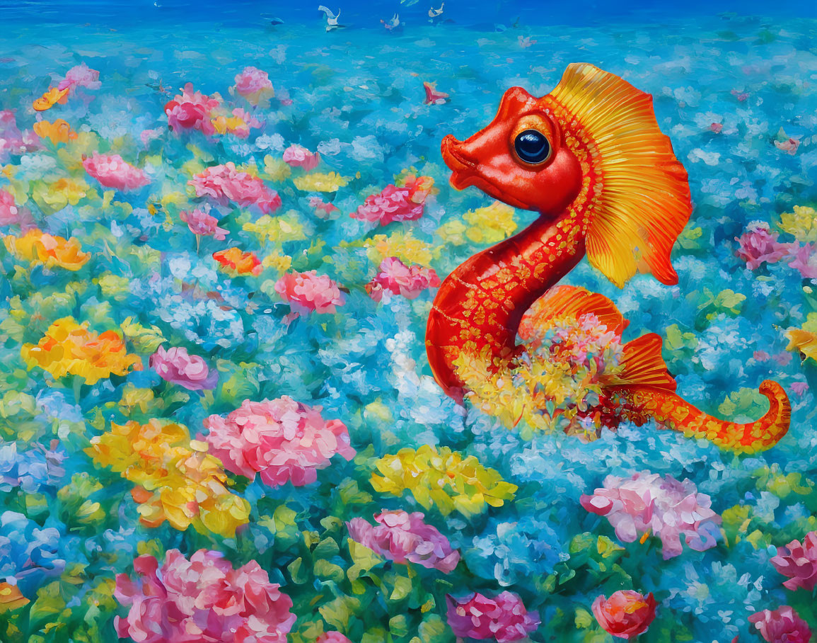 Colorful Painting of Red Seahorse in Coral Reef Environment