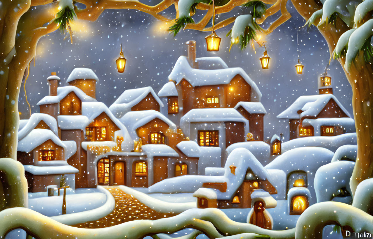 Snow-covered village scene with glowing lanterns and falling snowflakes