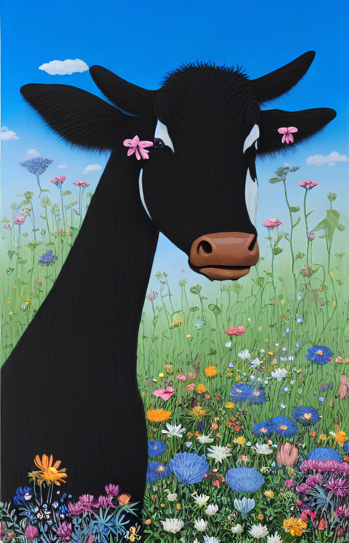 Whimsical black cow with pink flower in colorful meadow