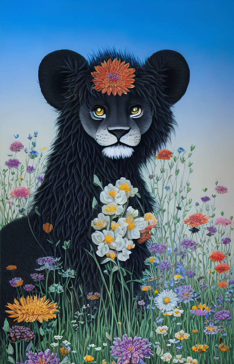 Stylized lion illustration with dark mane and vibrant flowers on blue gradient.