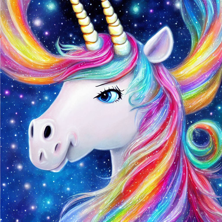 Vibrant unicorn illustration with rainbow mane & starry backdrop