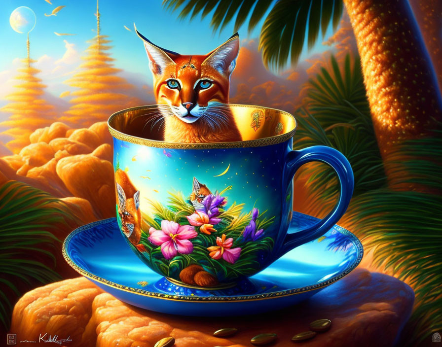 Digital Artwork: Cat with Fox Features in Teacup Landscape