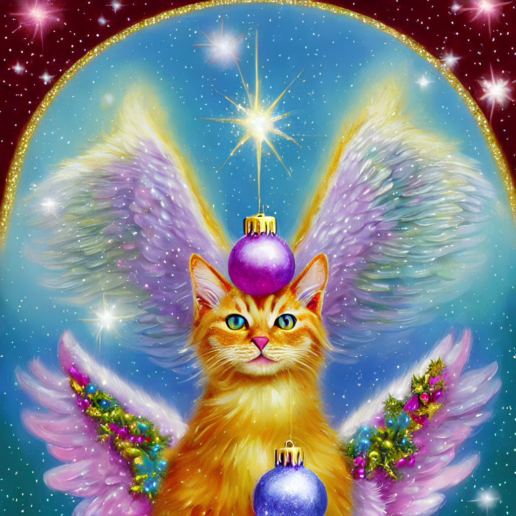 Illustration of angelic orange cat with sparkling wings and Christmas ornament on celestial background