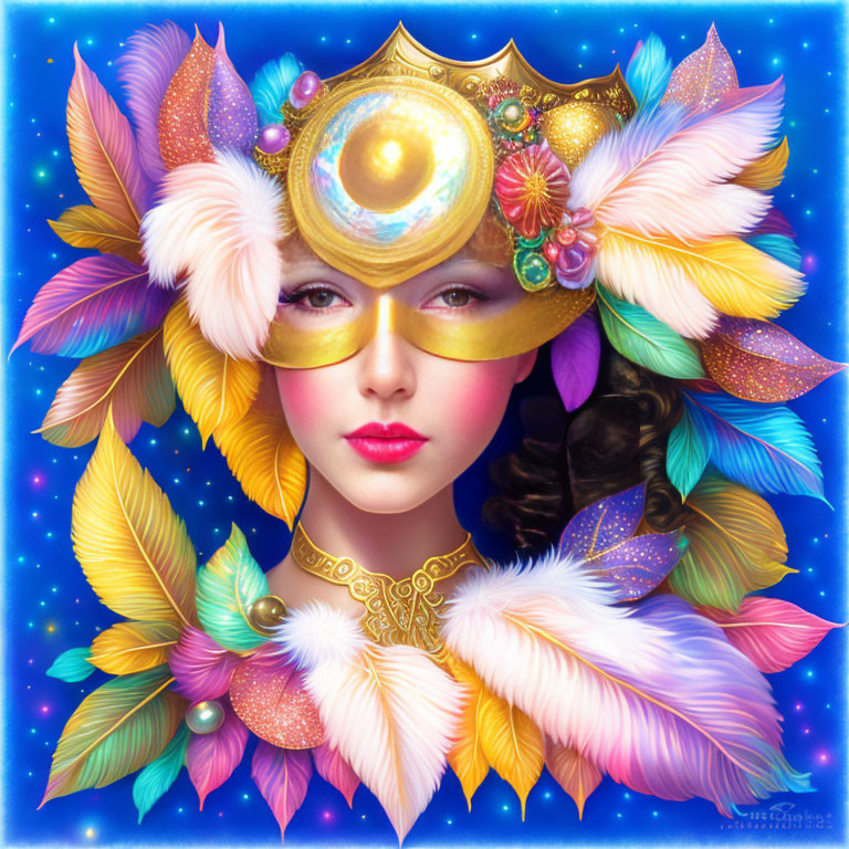 Woman in ornate mask with colorful feathers, celestial and floral motifs on starry blue backdrop