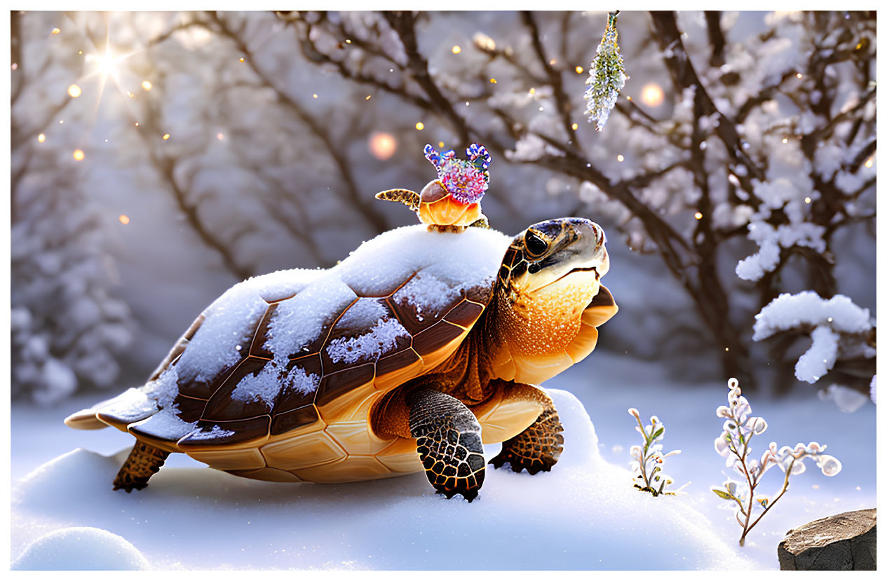 Snowy Shell Turtle in Magical Winter Scene with Sparkling Crown