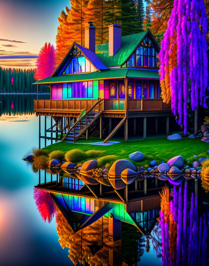 Colorful Lakeside House with Neon Lights Reflecting in Calm Waters