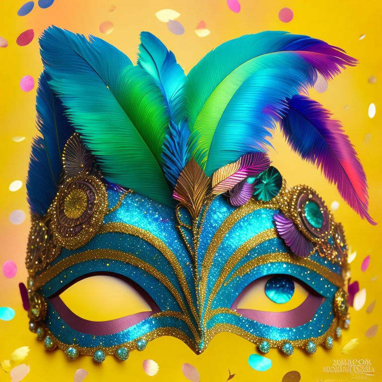 Colorful Feathered Masquerade Mask on Yellow Speckled Background