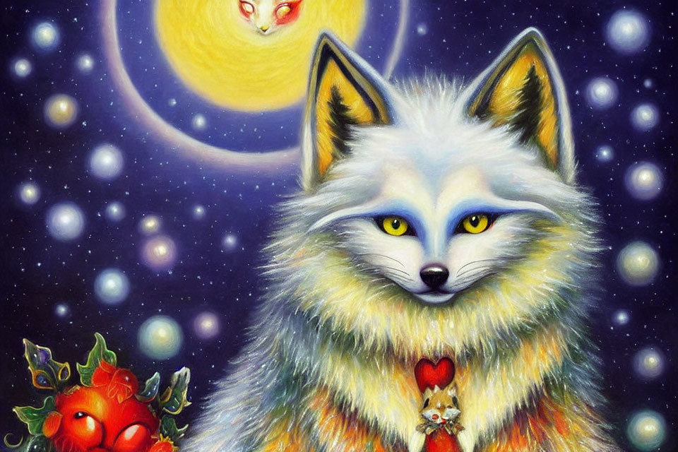 Whimsical painting of blue-eyed white fox with celestial backdrop