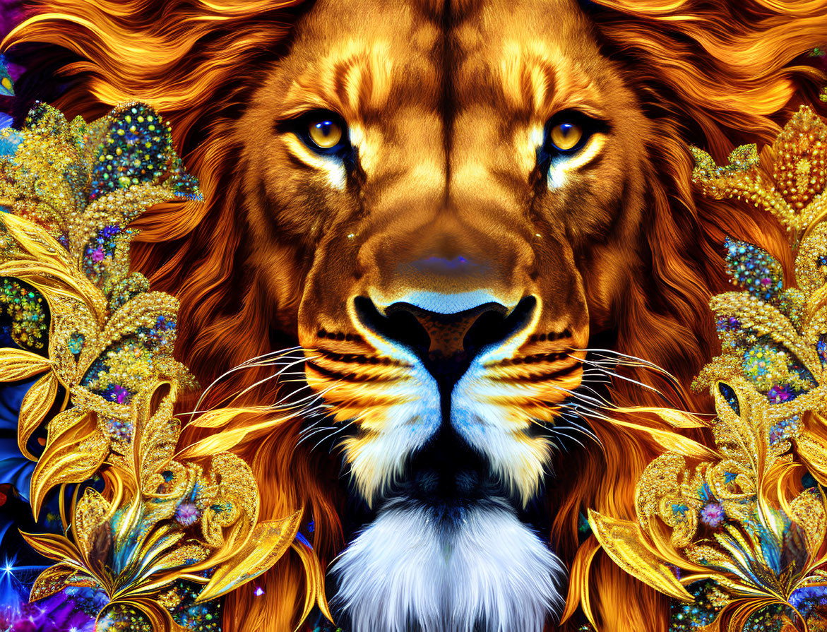 Majestic lion digital art with fiery mane and golden foliage