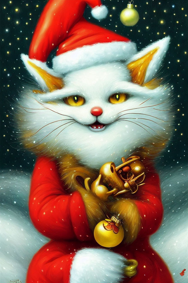 White Cat Santa Claus Illustration with Golden Bell and Snowflakes