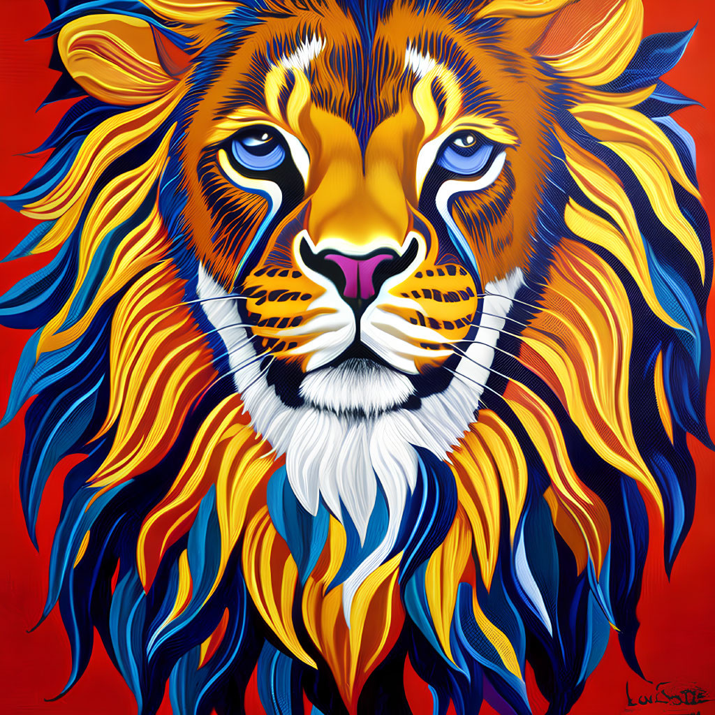 Colorful Lion's Head Painting with Stylized Mane in Red, Orange, Blue, Yellow,