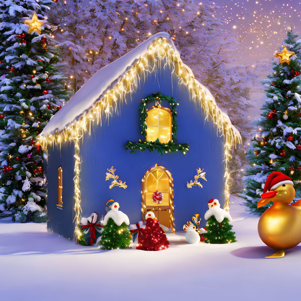 Blue Christmas house with festive decorations and golden duck in snowy scene