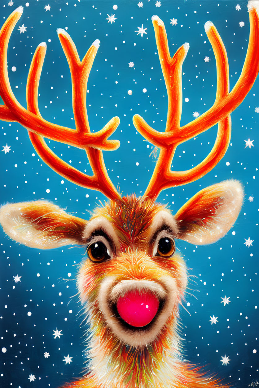 Smiling reindeer with red nose and antlers in snowy scene