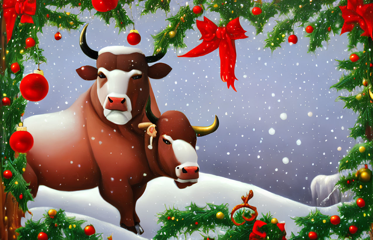 Cartoon bulls in snowy Christmas scene with decorations