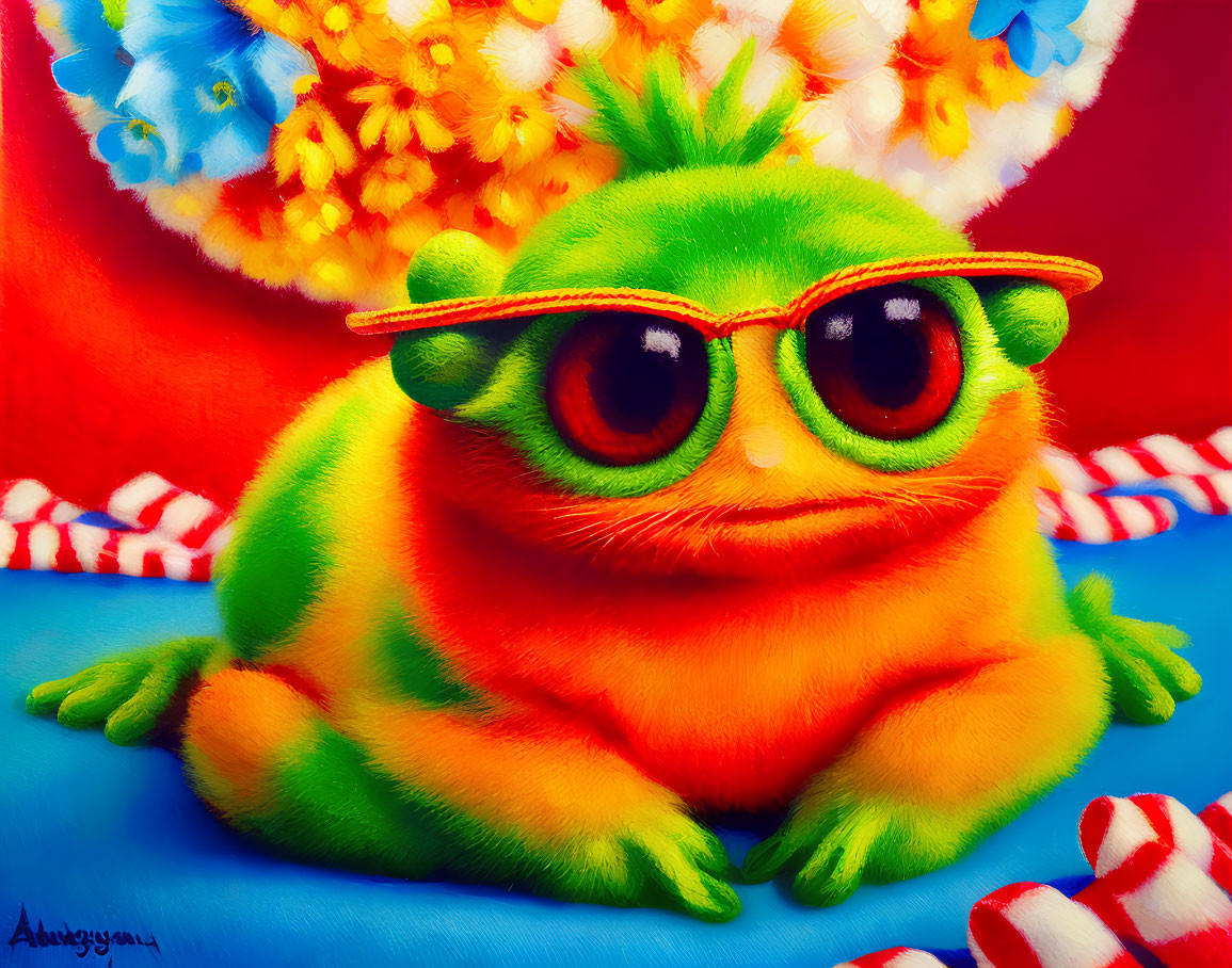 Colorful Illustration of Green Fuzzy Creature in Orange Sunglasses