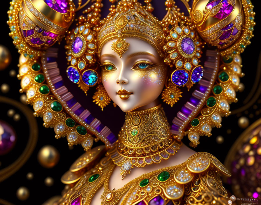 Detailed digital artwork: Female figure in ornate jewelry against decorative backdrop