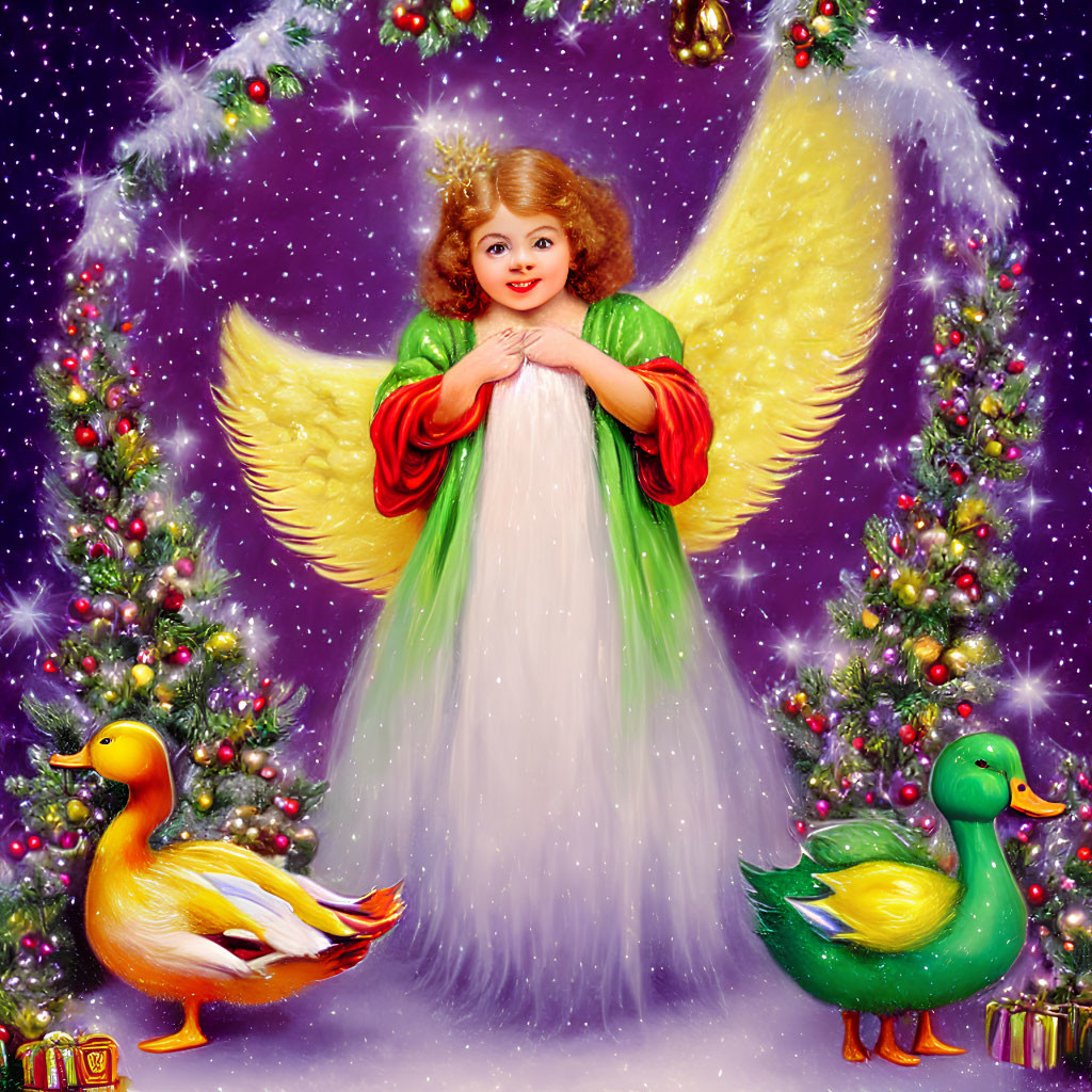 Smiling child with angel wings among Christmas trees and ducks