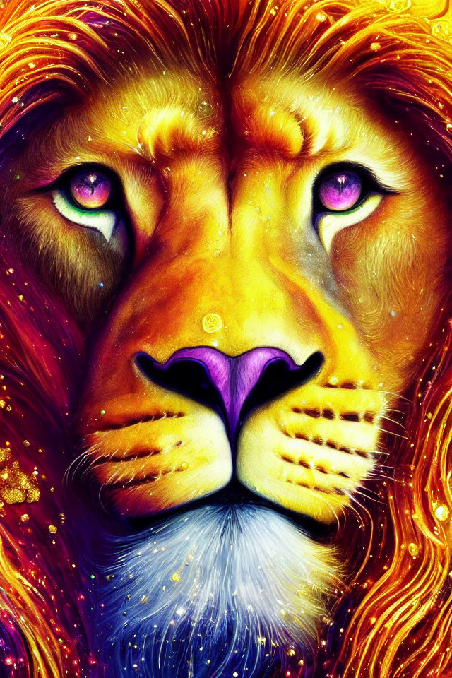 Colorful lion portrait with purple eyes in cosmic background.