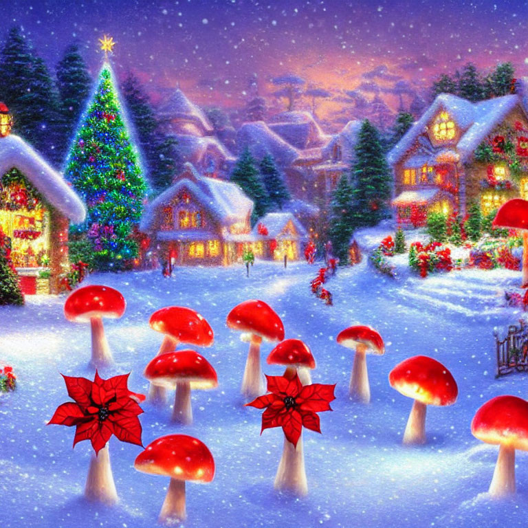 Festive holiday scene with mushrooms, poinsettias, Christmas tree, cottages, and