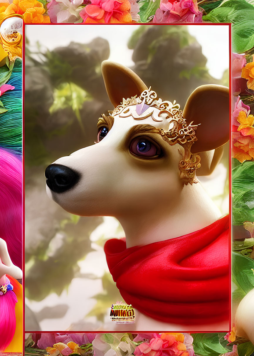 Stylized digital artwork of a dog with human-like eyes in golden headpiece and red scarf against