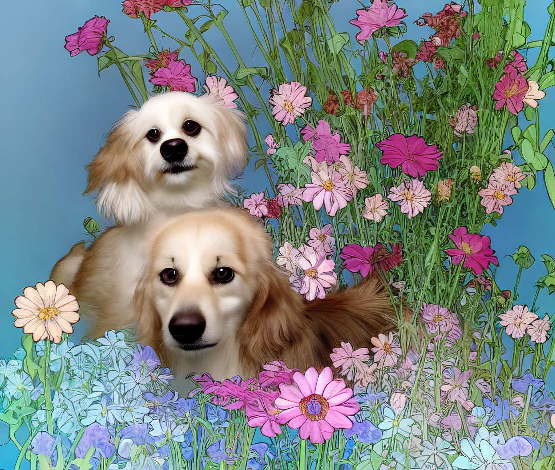 Fluffy Dogs Among Colorful Flowers on Blue Background