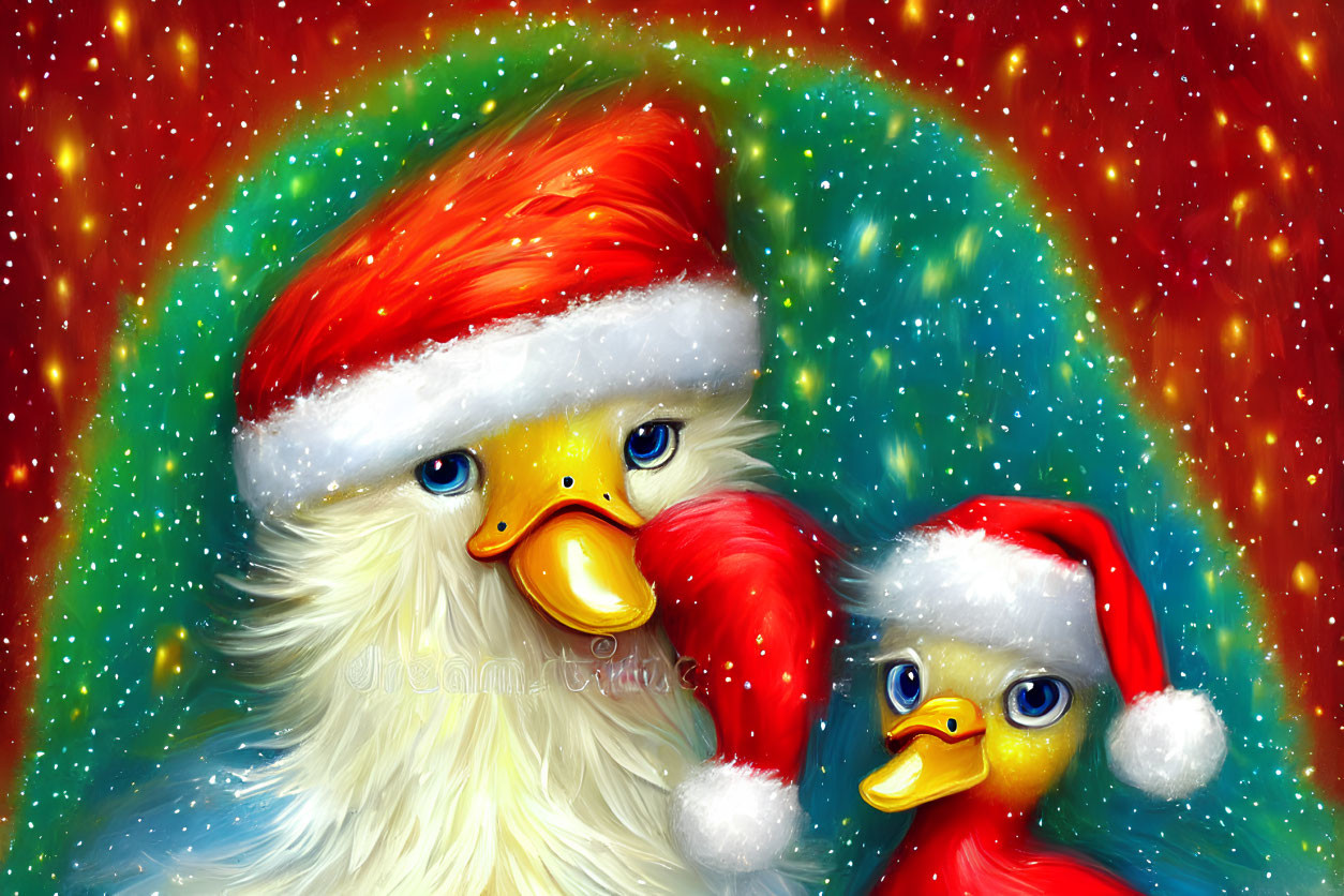 Festive cartoon chickens in Santa hats on snowy background