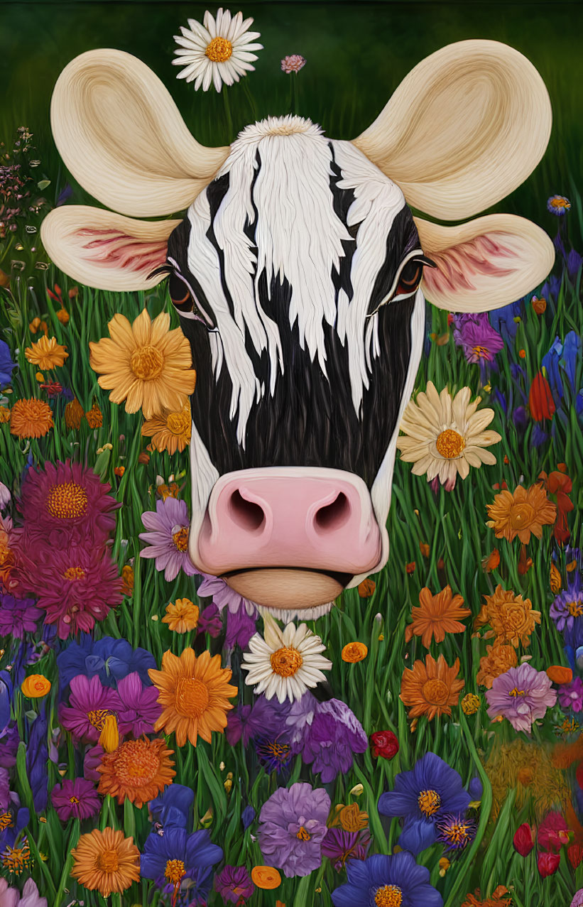 Vibrant cow head painting in colorful flower field with green background