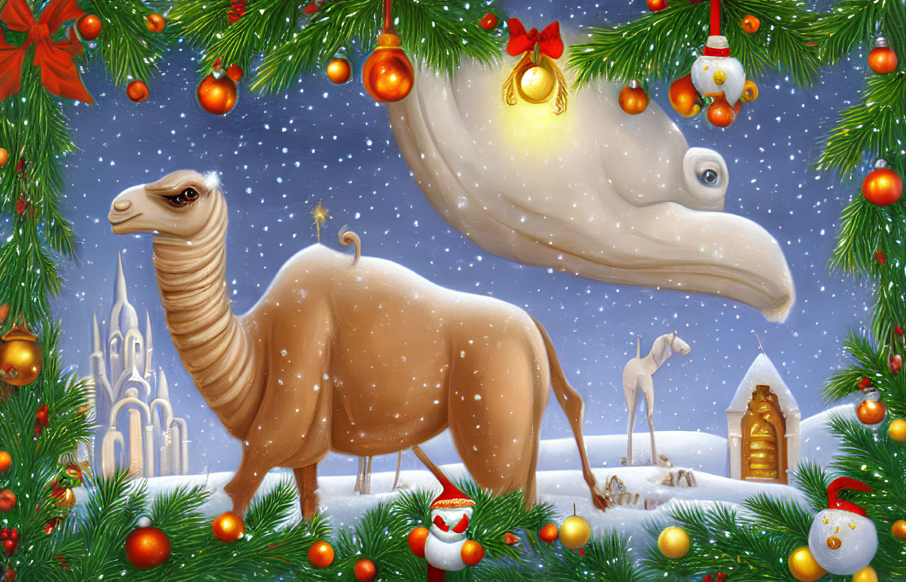 Whimsical winter scene with camel figures, crescent moon, and Christmas tree branches.