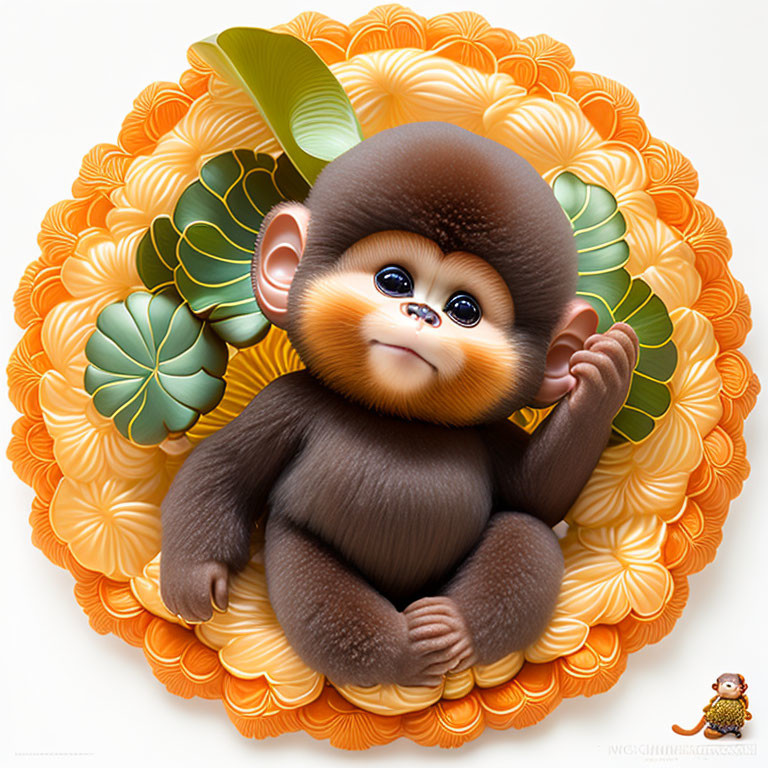 Stylized baby monkey on floral pattern background