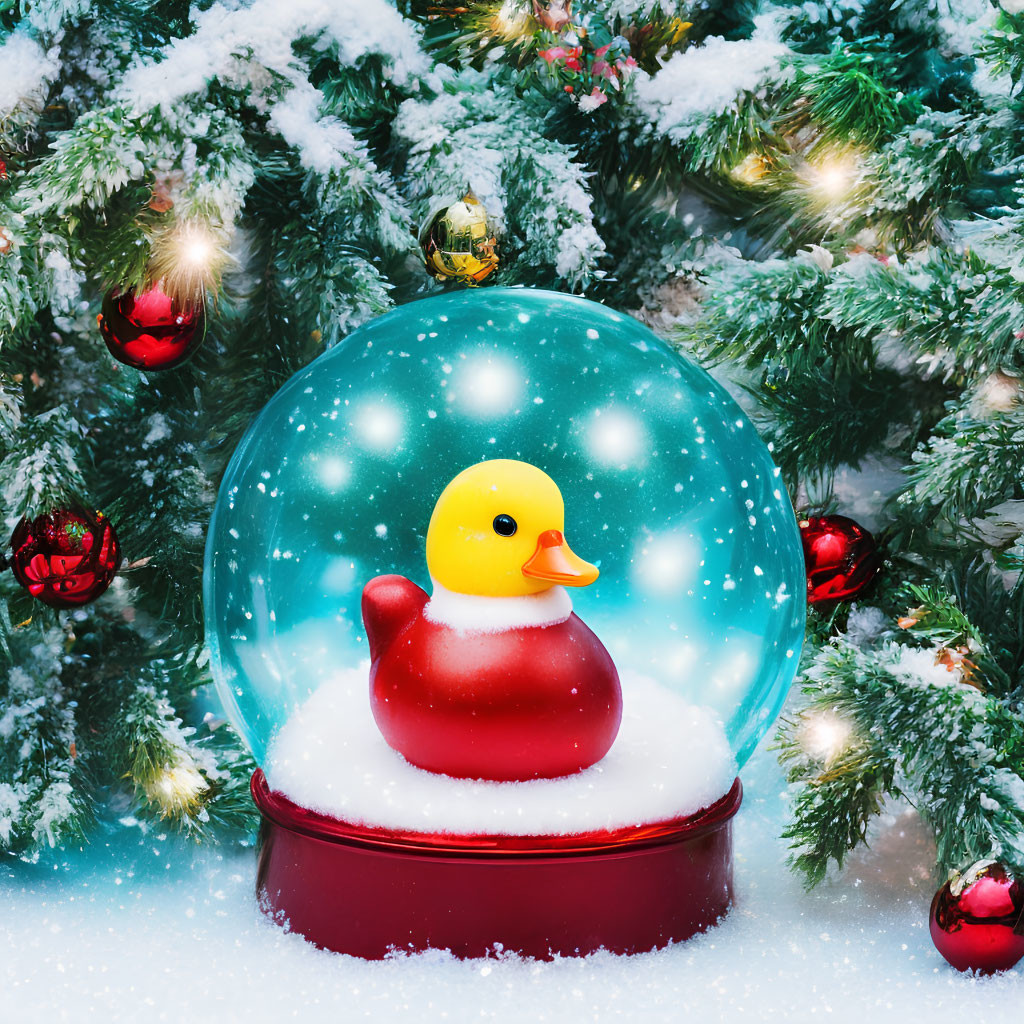 Christmas snow globe with rubber duck in Santa outfit and decorated tree