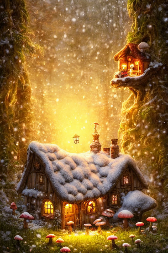 Enchanted forest cottage in snowfall with glowing mushrooms