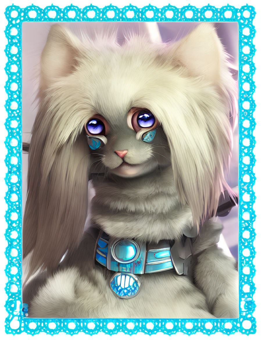 Cream-colored animated cat with blue eyes and turquoise collar on blue background