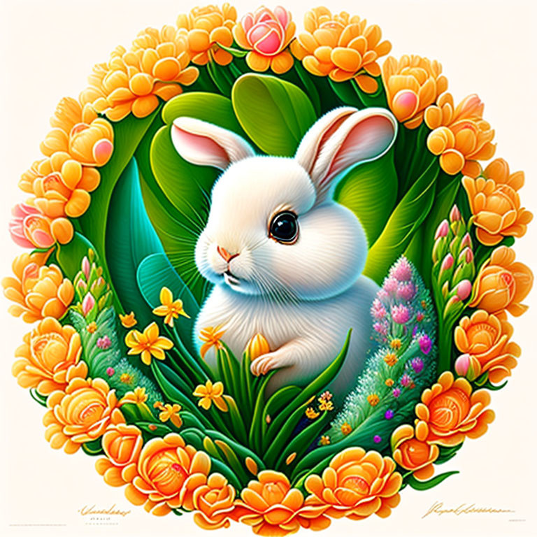 Colorful Flower Frame Surrounding White Rabbit Illustration