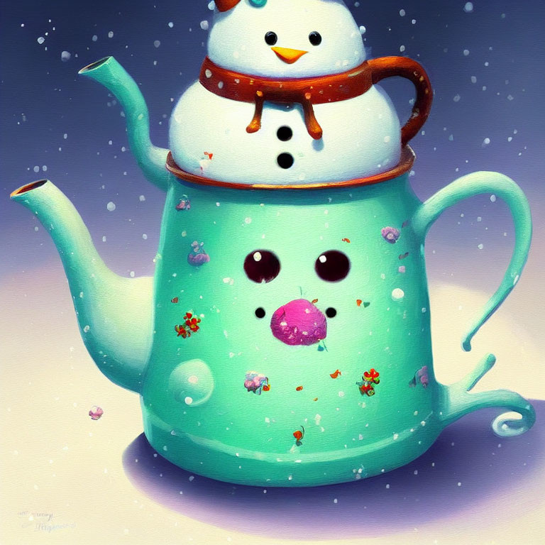 Snowman on Mint Green Teapot with Flowers in Snowy Scene