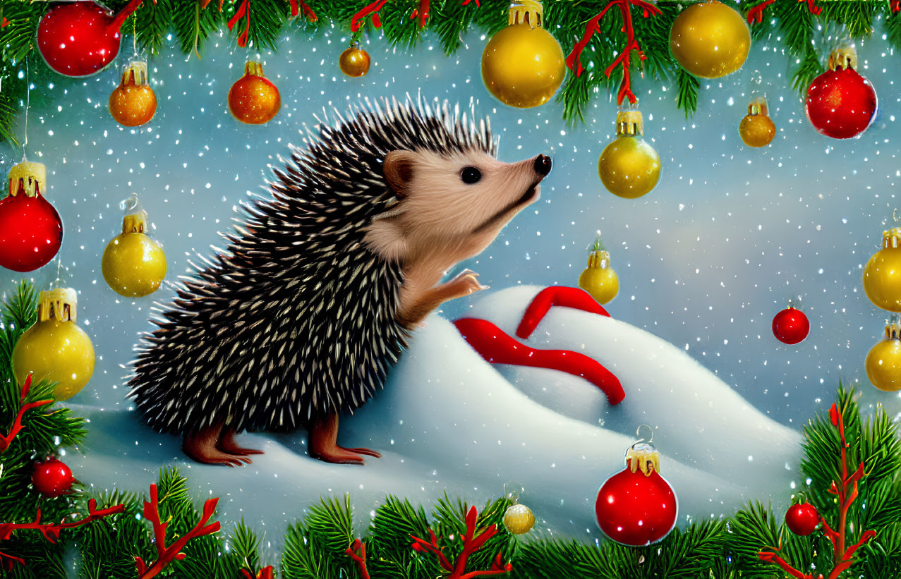 Hedgehog in snowy Christmas scene with tree branches and baubles