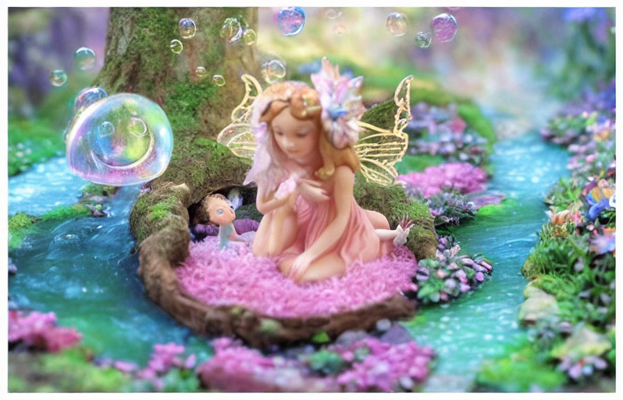 Fairy figurine in vibrant garden with bubbles and tiny figure