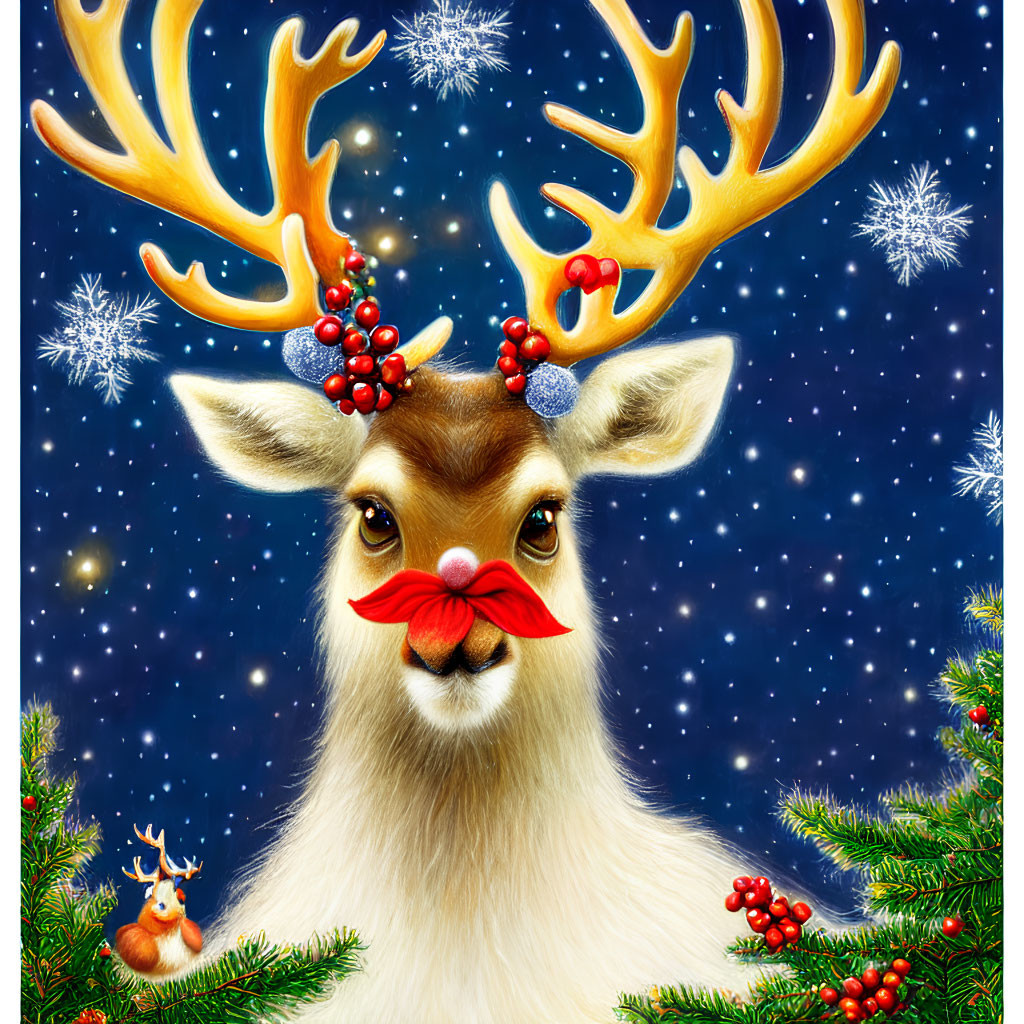 Whimsical reindeer illustration with red nose and festive antlers against starry night sky