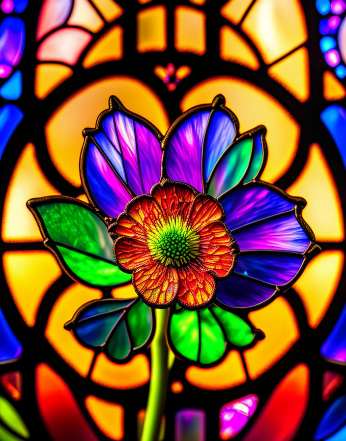 Colorful Stained Glass Artwork: Red Flower with Purple-Blue Petals