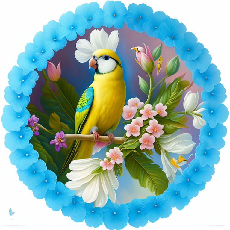 Colorful Budgerigar Perched Among Blue and White Flowers