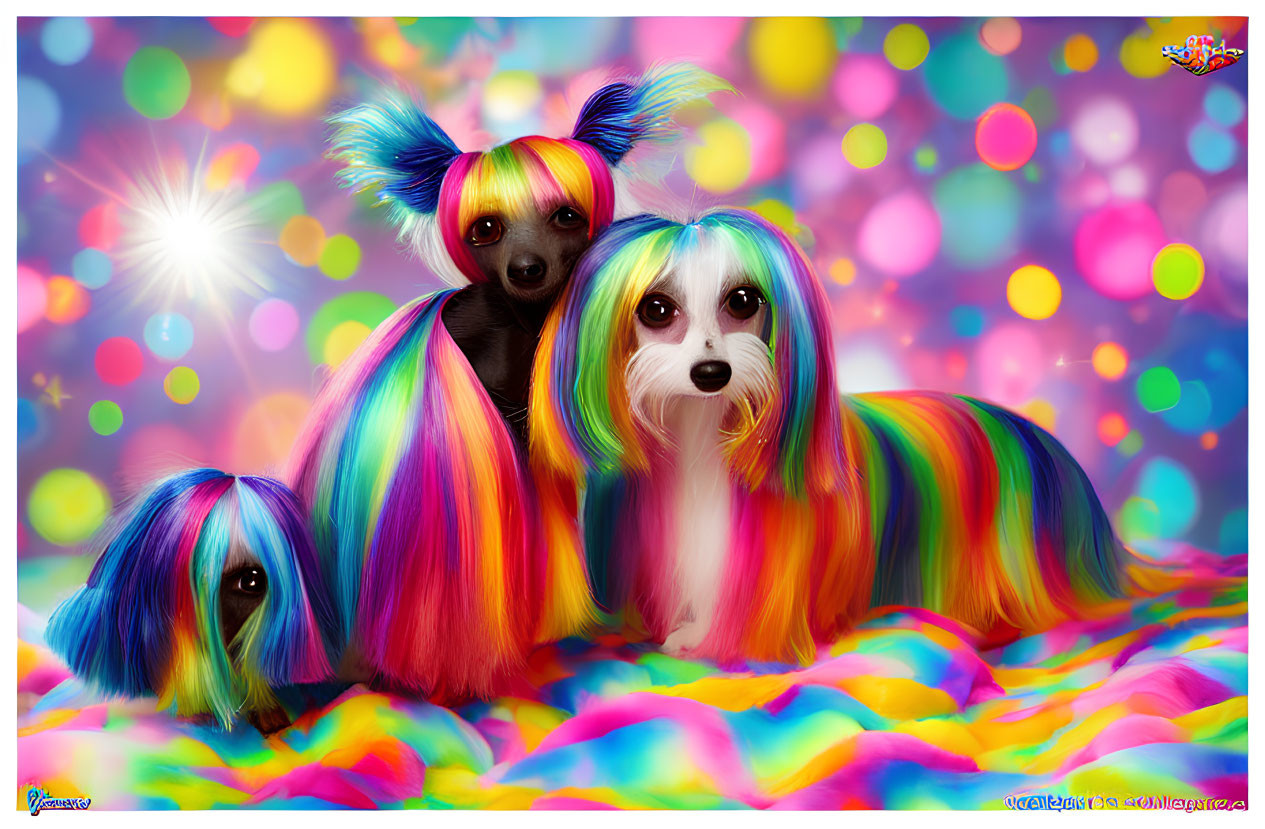 Colorful Dogs with Human-like Ears on Abstract Bokeh Background