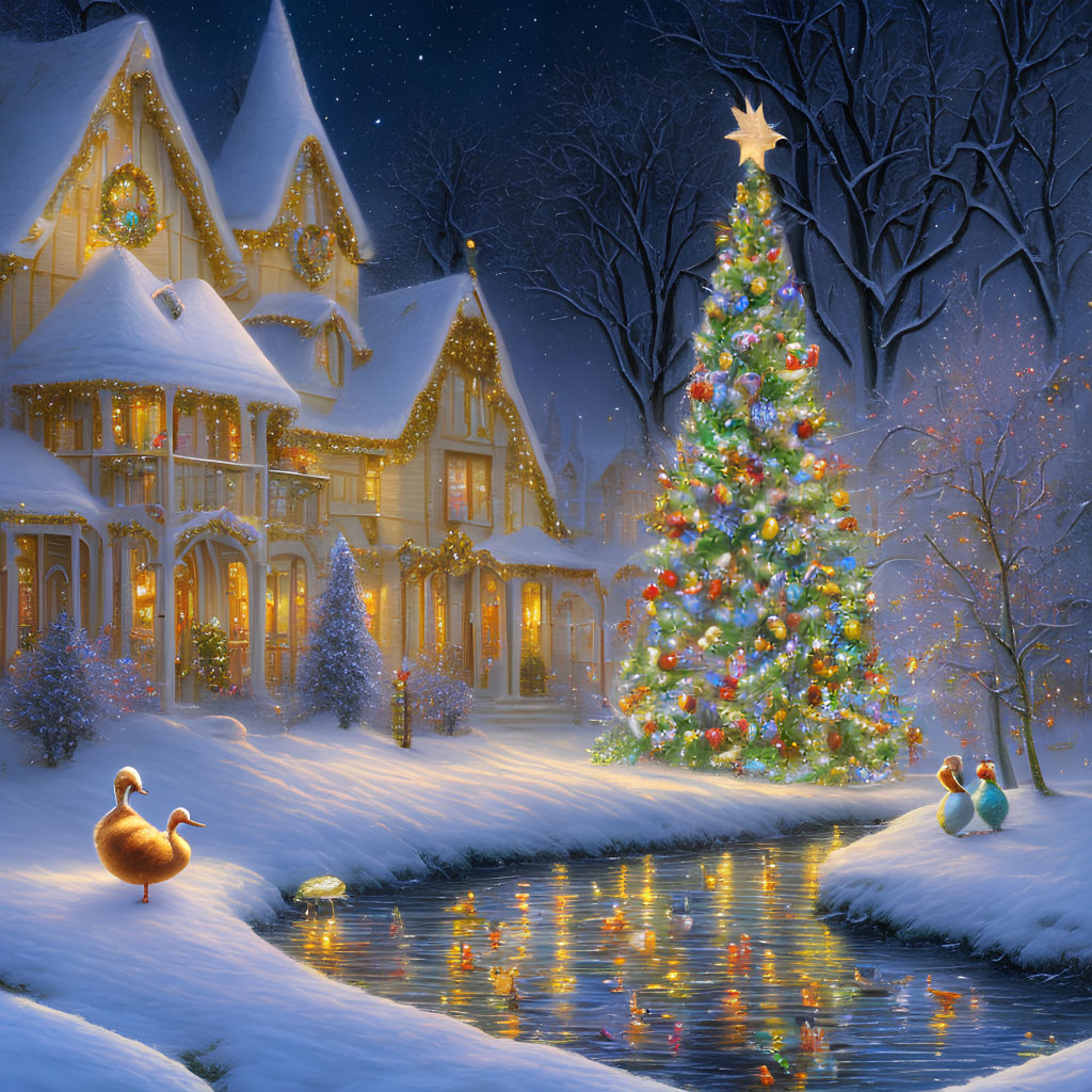 Snowy Christmas Tree Scene with Ducks by Stream at Night